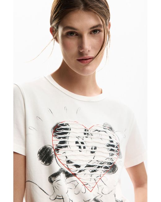 Desigual White Mickey And Minnie Mouse Heart T-Shirt, Cotton