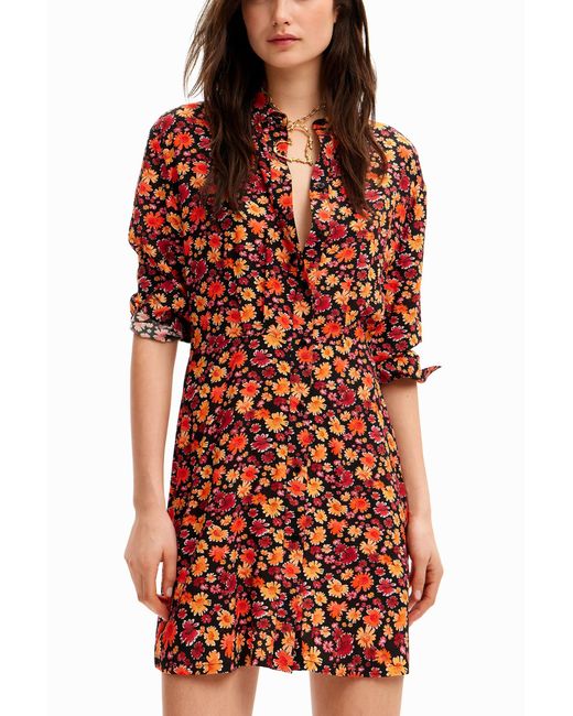 Desigual Red Short Floral Shirt Dress, Viscose