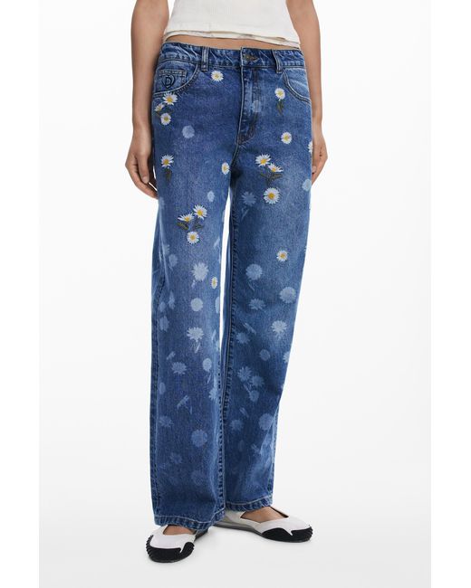 Desigual Blue Straight Jeans With Daisies, Cotton