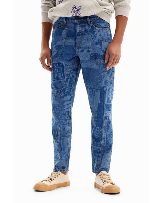 Desigual Blue Laser Print Carrot Jeans for men