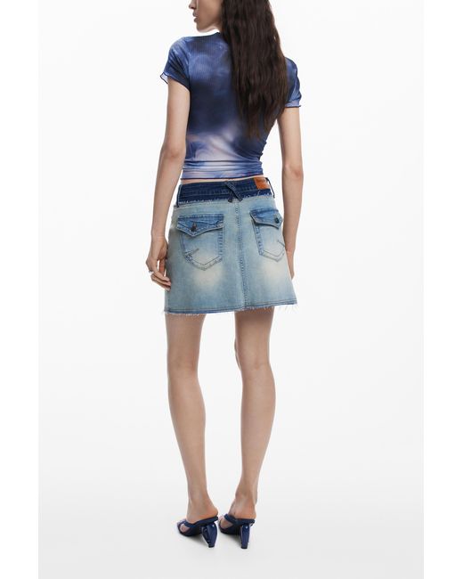 Desigual Blue Double Waist Denim Skirt, Cotton