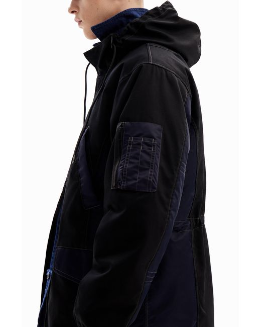 Desigual Black Patchwork Hooded Parka, Polyester for men