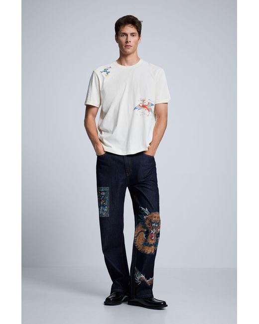 Desigual White Embroidered T-Shirt, Cotton for men