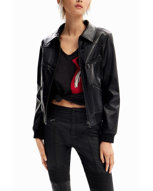 Desigual Black Slim Leather-Effect Trousers, Polyurethane