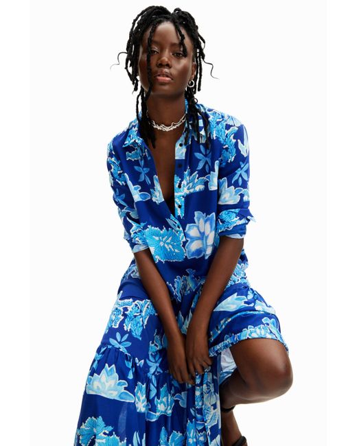 Desigual Blue Stella Jean Long Leaves Shirt Dress