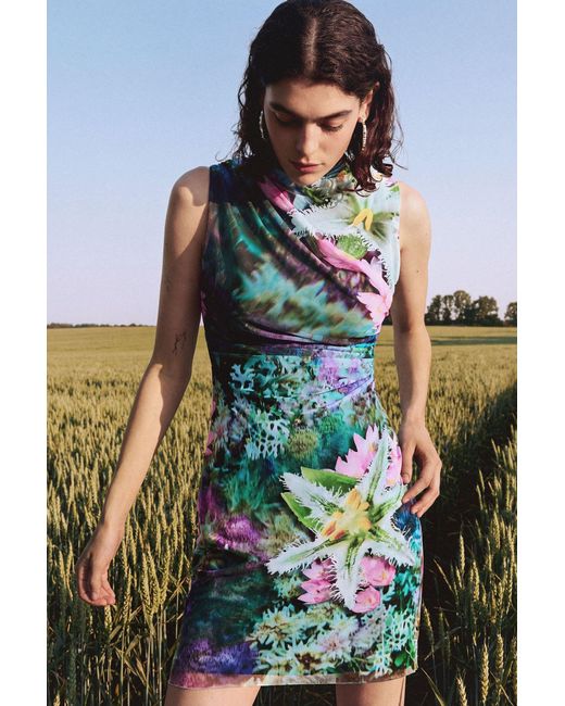 Desigual Blue Draped Floral Dress, Polyester