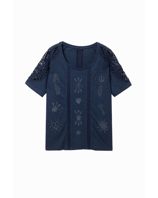 Desigual Blue Short-sleeved Crochet T-shirt