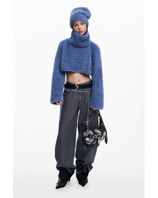 Desigual Blue Pack Cropped Sweater And Beanie, Polyester