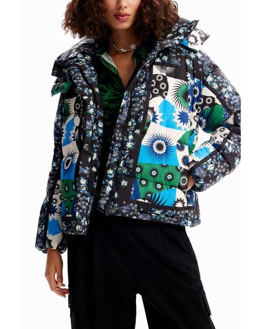Desigual Blue Padded Patchwork Jacket, Polyester