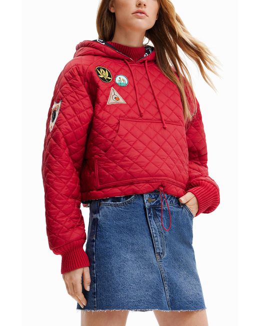 Desigual Red Padded Hoodie With Patches, Polyamide