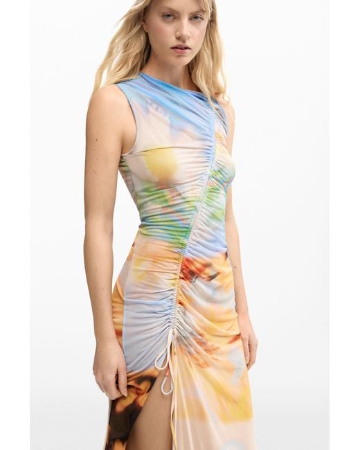 Desigual White Draped Long Dress, Polyester