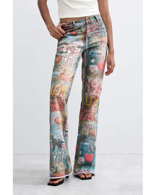 Desigual Blue Printed Flare Jeans, Cotton