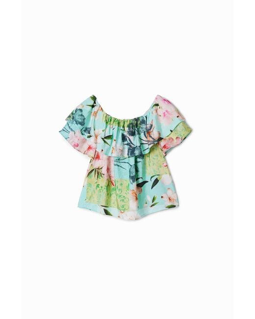 Desigual Blue Floral Ruffled Blouse