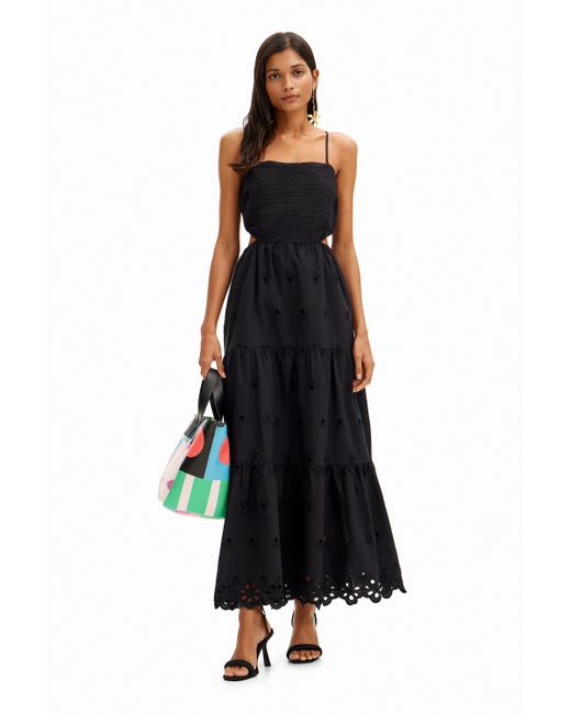 Desigual Black Long Embroidered Cut-out Dress