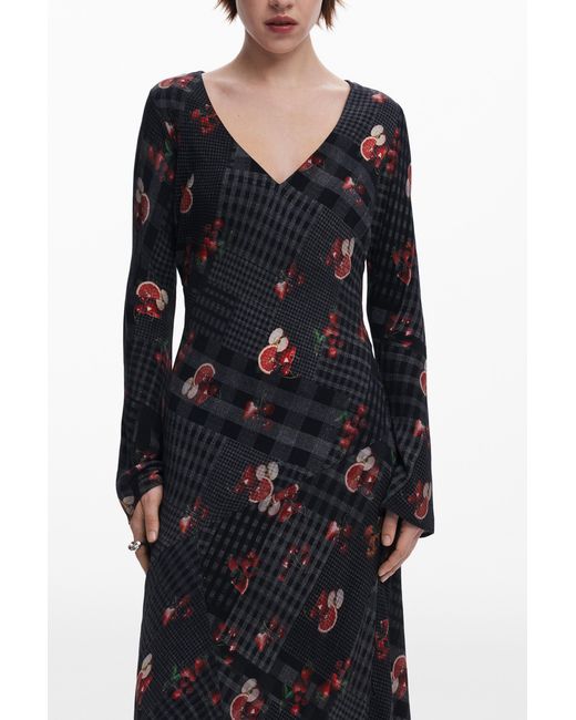 Desigual Blue Midi Dress With Checks, Viscose