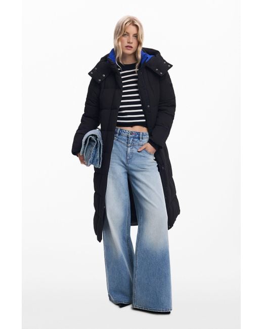 Desigual Blue Long Padded Jacket With Belt