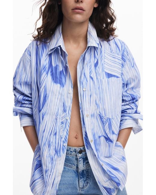 Desigual Blue Oversized Arty Shirt, Cotton