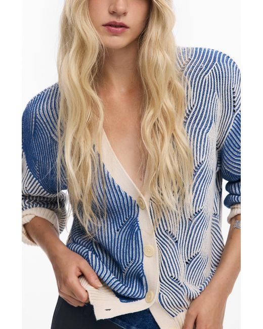 Desigual Blue Two-Tone Knit Cardigan, Cotton