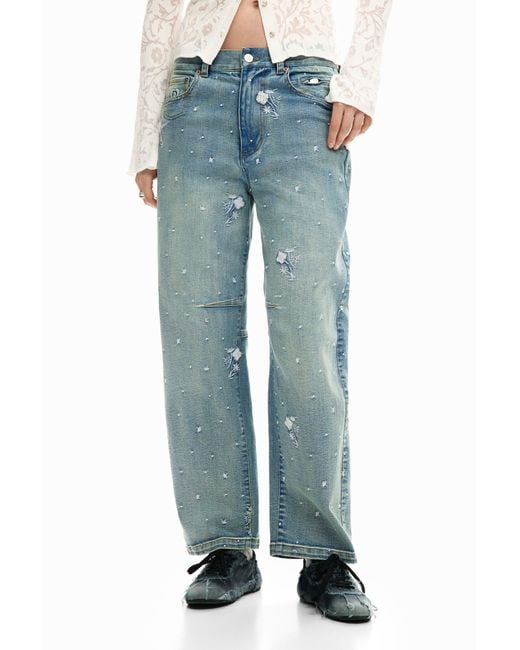 Desigual Blue Embroidered Balloon Jeans, Cotton