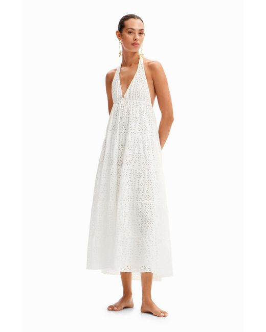 Desigual White Long Plunging Halter Dress