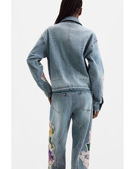 Desigual Blue Embroidered Denim Jacket, Cotton