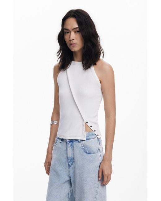 Desigual White Tank Top With Seams, Viscose