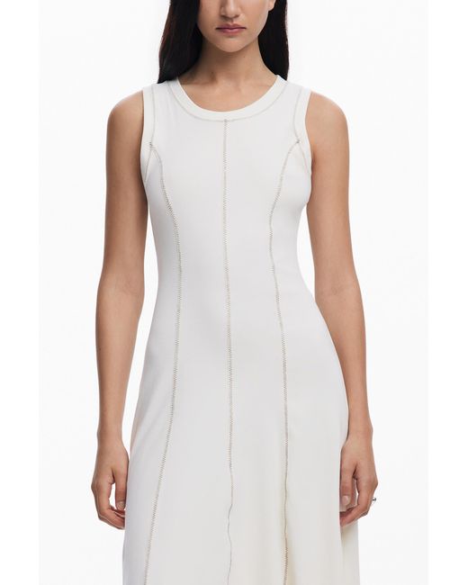 Desigual White Topstitched Dress, Cotton