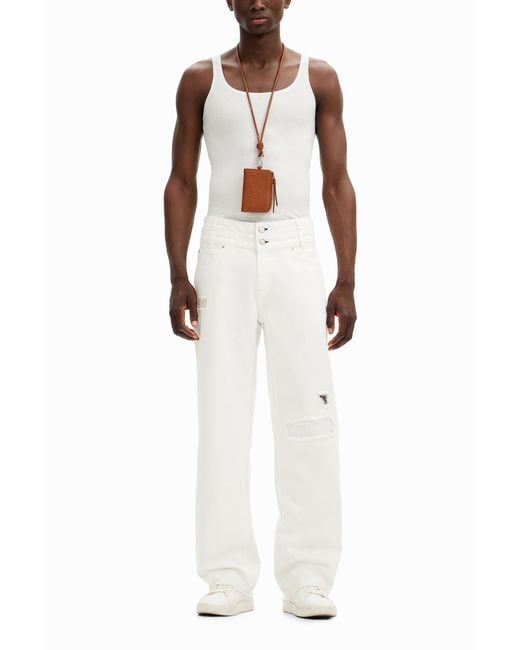 Desigual White Long Denim Pants, Cotton for men