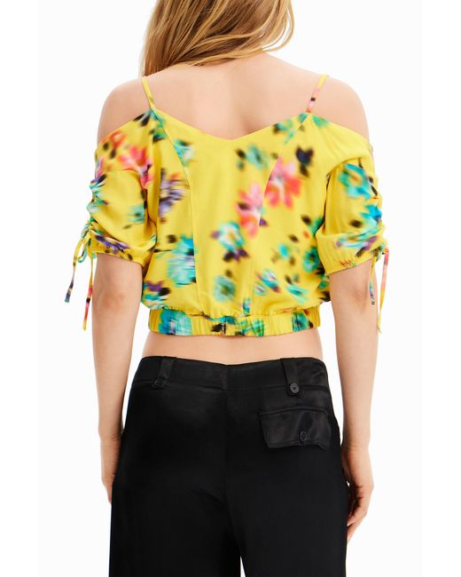 Desigual Yellow Short Gathered Floral Blouse, Viscose
