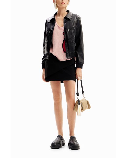 Desigual Black Pleated Wrap Mini Skirt, Cotton
