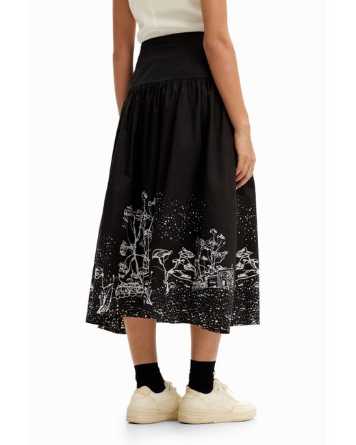 Desigual Black Poplin Landscape Midi Skirt