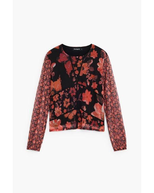 Desigual Red Long-Sleeve Floral T-Shirt, Polyester