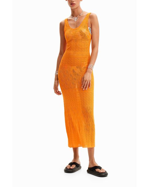 Desigual Orange Strappy Openwork Midi Dress