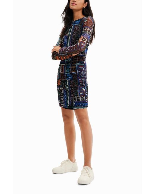 Desigual Blue Lettering Bodycon Tulle Long Sleeved Writing Dress 23swvk23 Black