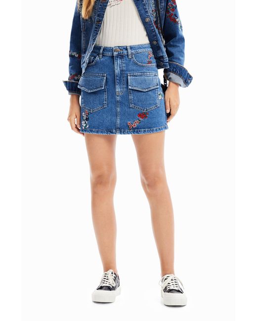Desigual Blue Floral Denim Mini Skirt, Cotton