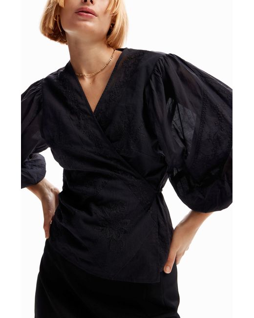 Desigual Black Embroidered Wrap Blouse, Cotton