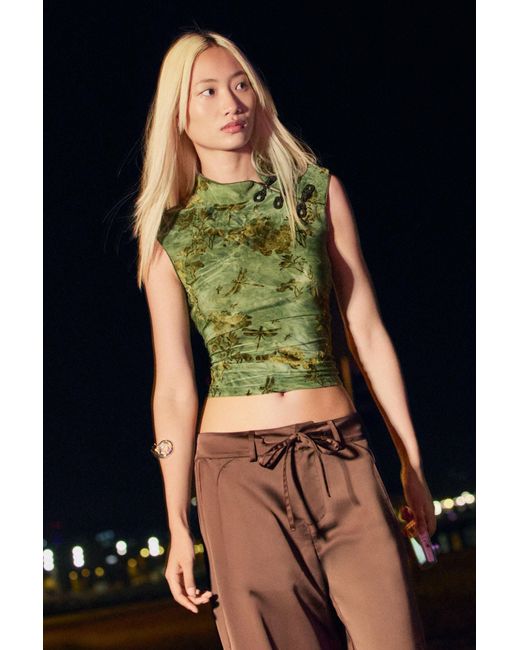 Desigual Green Printed Flocked Top, Polyester