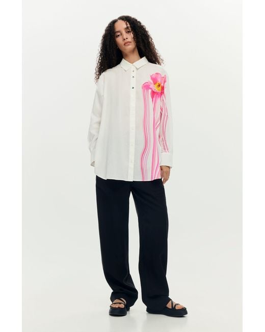 Desigual White Gloss Flower Shirt, Cotton