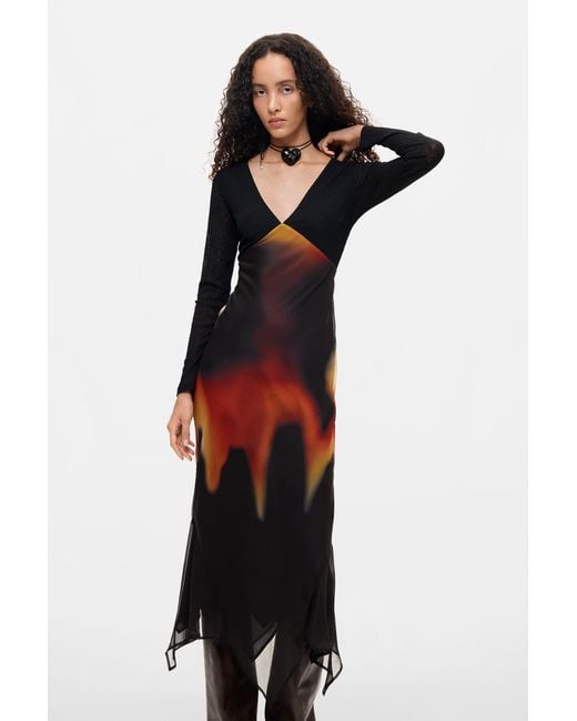 Desigual Black Long-Sleeve Midi Dress, Polyester