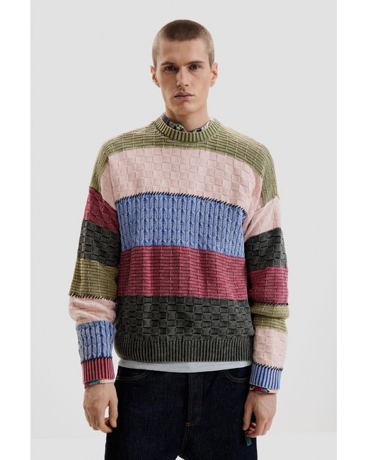Desigual Red Stitch Knit Sweater, Cotton for men