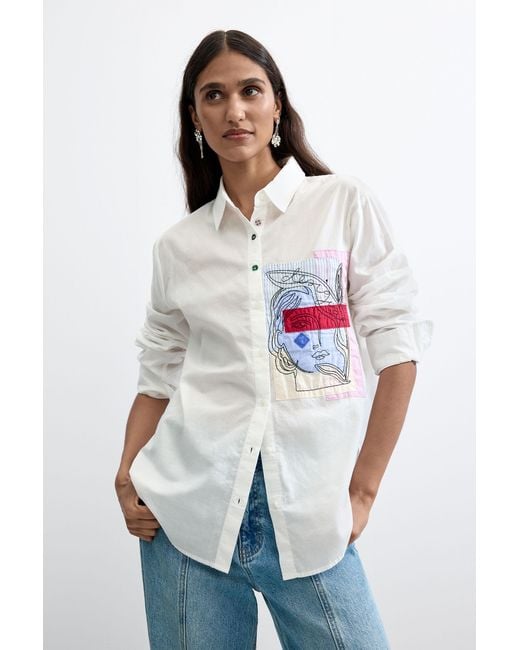 Desigual White Printed Pocket Shirt 100% Cotton, Cotton