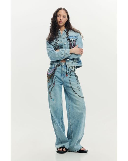 Desigual Blue Printed Denim Jacket, Cotton