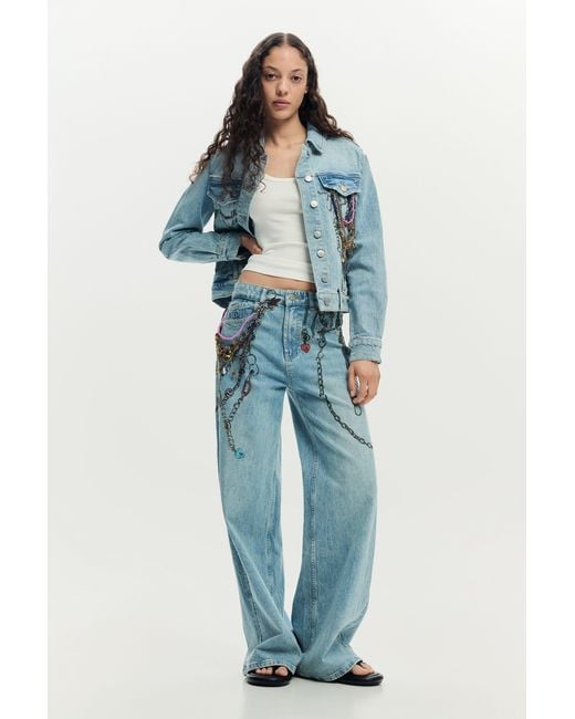 Desigual Blue Printed Denim Jacket, Cotton