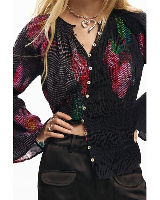 Desigual Black Pixelated Flower Blouse, Polyester