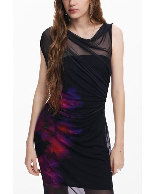 Desigual Black Floral Tulle Dress, Polyester