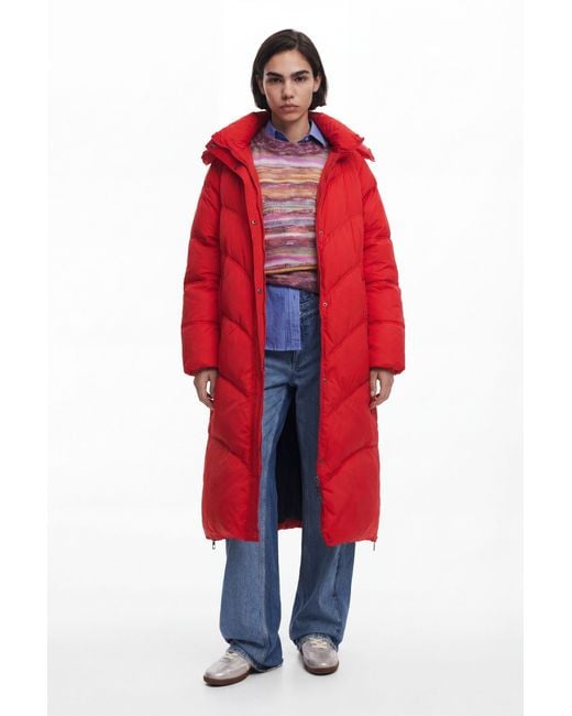 Desigual Red Long Padded Coat, Polyamide