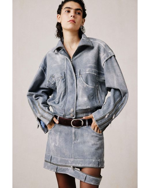 Desigual Gray Denim-Effect Leather Jacket Studio, Sheep Leather