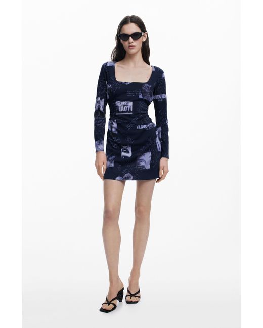 Robe À Col Carré Avec Motifs De Cartes Postales Desigual en coloris Blue