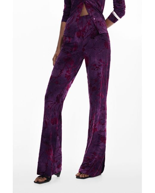 Desigual Purple Flared Textured Fluid Pants, Polyester