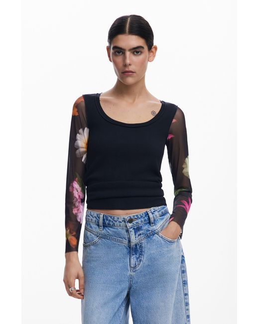 Desigual Blue T-Shirt With Printed Sleeves